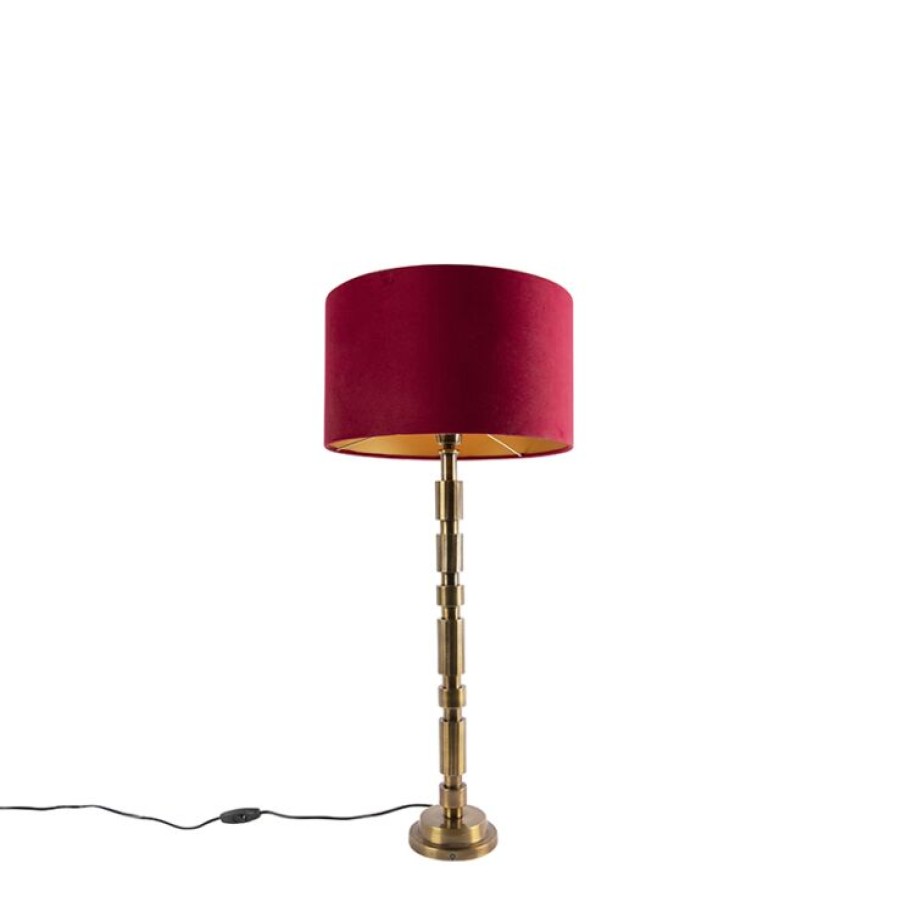 Innenbeleuchtung QAZQA | Art Deco Tischlampe Bronze 35 Cm Veloursschirm Rot - Torre