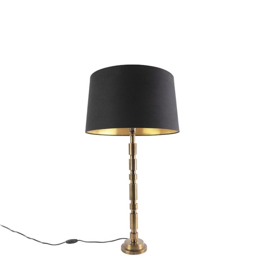 Innenbeleuchtung QAZQA | Art Deco Tischlampe Bronze Mit Baumwollschirm Schwarz 45 Cm - Torre