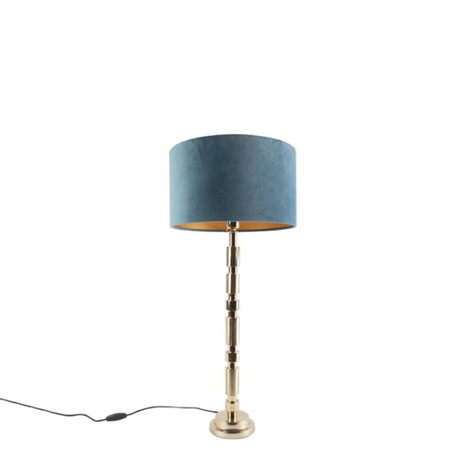 Innenbeleuchtung QAZQA | Art Deco Tischlampe Gold Samtschirm Blau 35 Cm - Torre