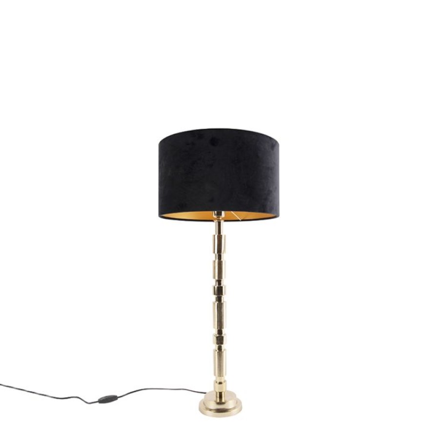 Innenbeleuchtung QAZQA | Art Deco Tischlampe Gold Mit Veloursschirm Schwarz 35 Cm - Torre