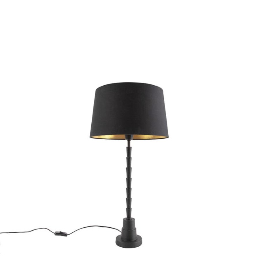 Innenbeleuchtung QAZQA | Art Deco Tischlampe Schwarz Mit Baumwollschirm Schwarz 35 Cm - Pisos