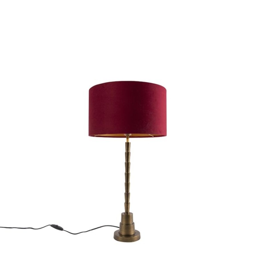 Innenbeleuchtung QAZQA | Art Deco Tischlampe Bronze Veloursschirm Rot 35 Cm - Pisos