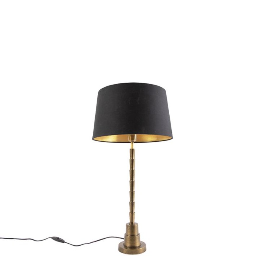 Innenbeleuchtung QAZQA | Art Deco Tischlampe Bronze Mit Baumwollschirm Schwarz 35 Cm - Pisos