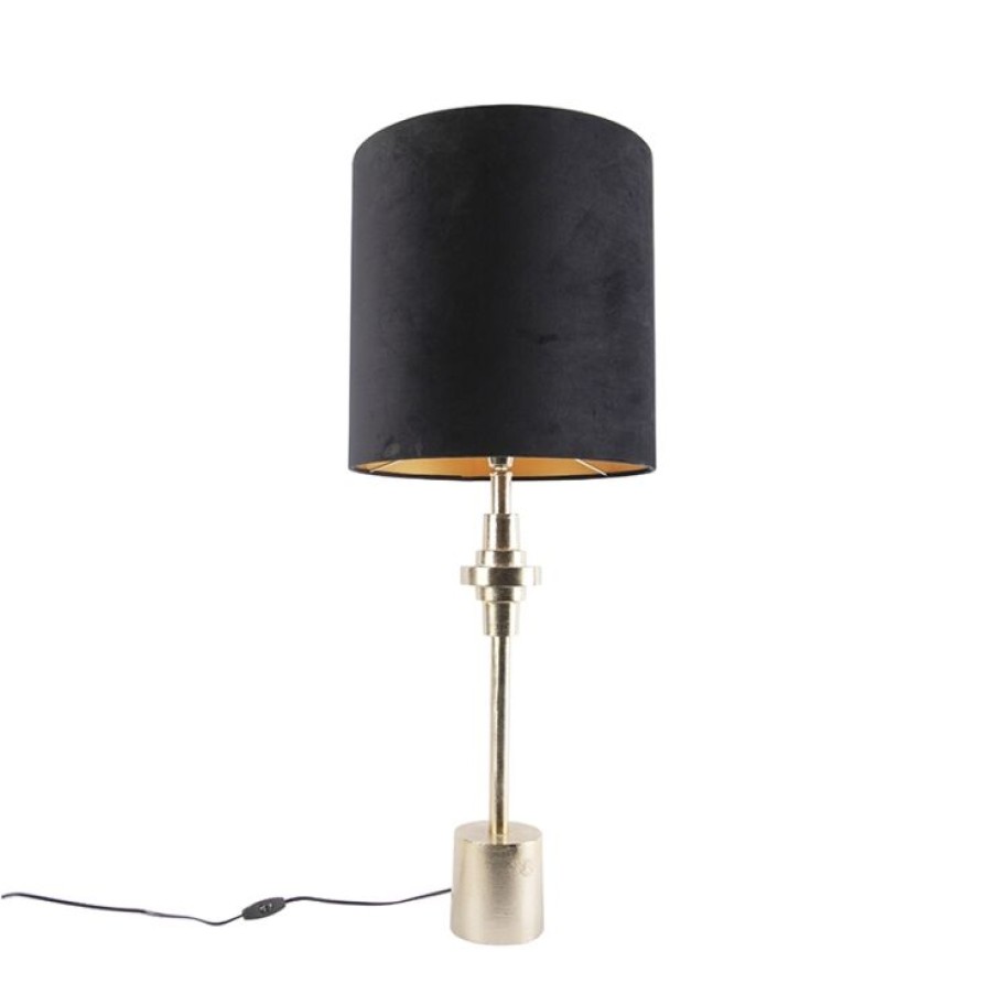 Innenbeleuchtung QAZQA | Art Deco Tischlampe Gold Samtschirm Schwarz 40 Cm - Diverso