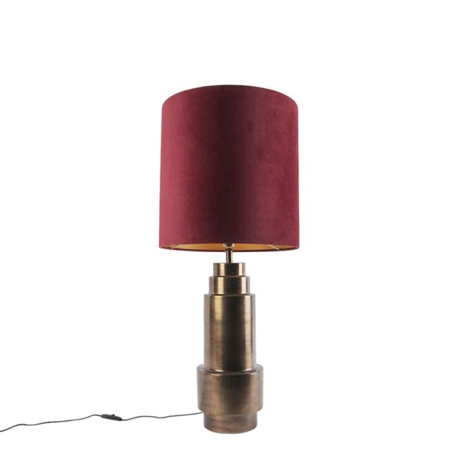 Innenbeleuchtung QAZQA | Art Deco Tischlampe Bronze Veloursschirm Rot Mit Gold 50Cm - Bruut