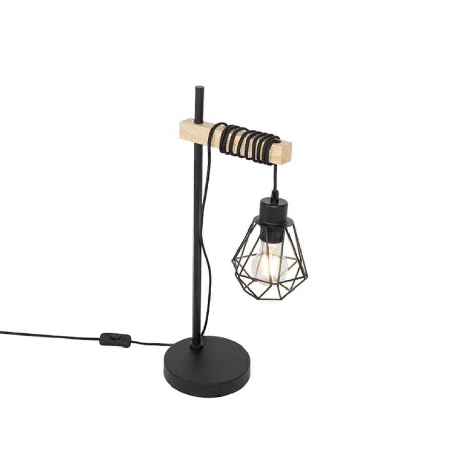 Innenbeleuchtung QAZQA | Country Tischlampe Schwarz Mit Holz - Chon