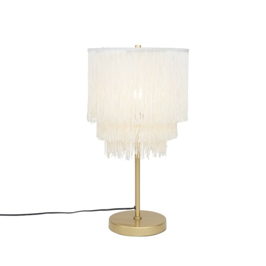 Innenbeleuchtung QAZQA | Orientalische Tischlampe Gold Creme Schirm Mit Fransen - Franxa