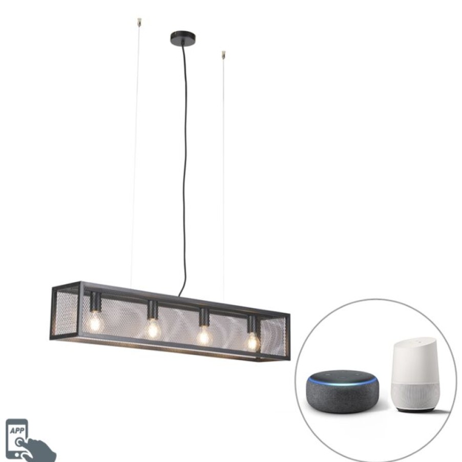 Smart Home QAZQA | Intelligente Industrielle Hangelampe Schwarz Inkl. 4 Wifi A60 - Kafig