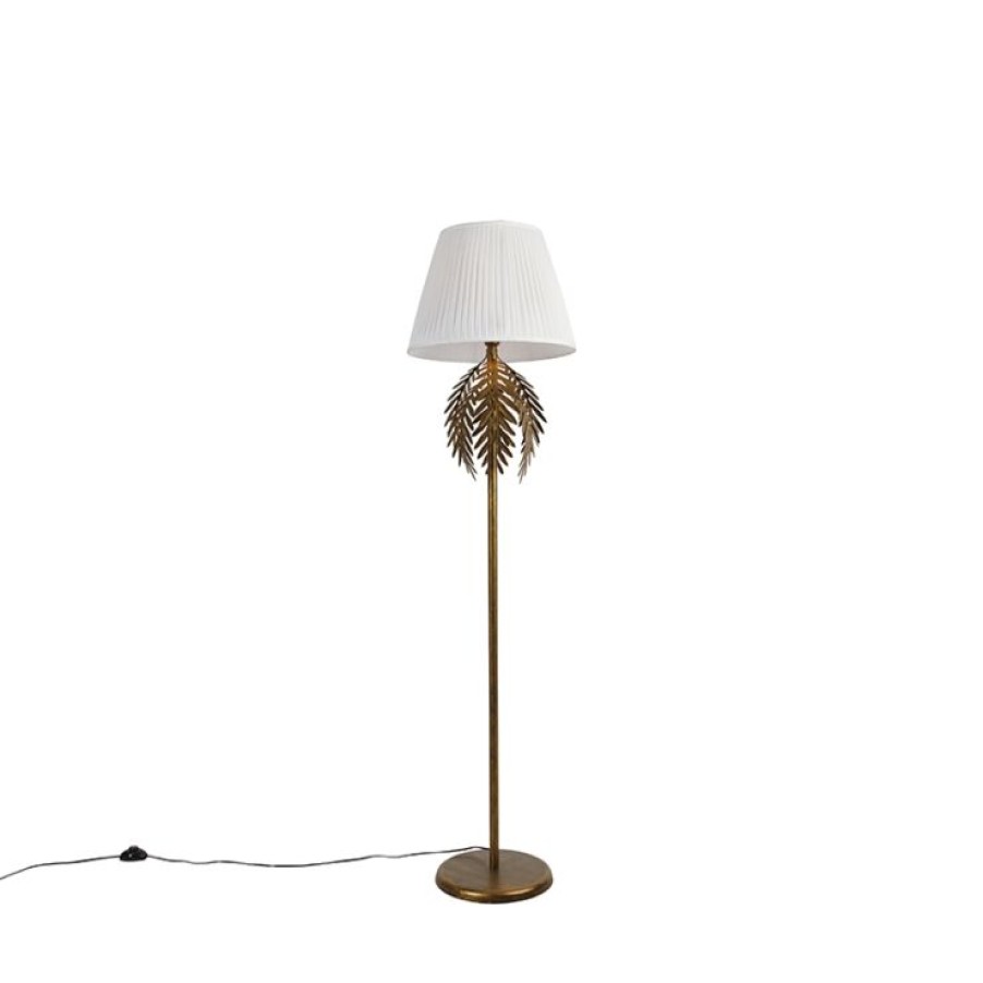 Innenbeleuchtung QAZQA | Vintage Stehlampe Gold Mit Faltenschirm Weis 45 Cm - Botanica