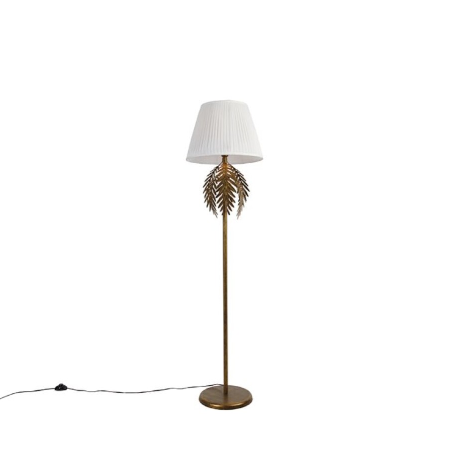 Innenbeleuchtung QAZQA | Vintage Stehlampe Gold Mit Faltenschirm Weis 45 Cm - Botanica