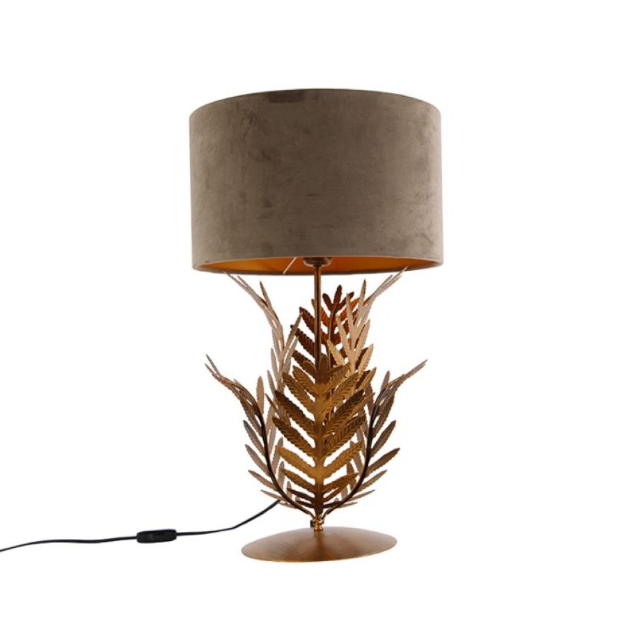 Innenbeleuchtung QAZQA | Vintage Tischlampe Gold Mit Samtschirm Taupe 35 Cm - Botanica