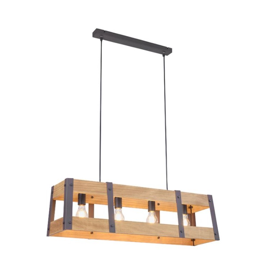 Innenbeleuchtung Paul Neuhaus | Industrielle Hangelampe Schwarz Mit Holz 4-Licht - Kiste