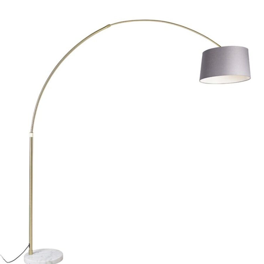 Innenbeleuchtung QAZQA | Bogenlampe Messing Mit Marmorstoffschirm Grau 45 Cm - Xxl