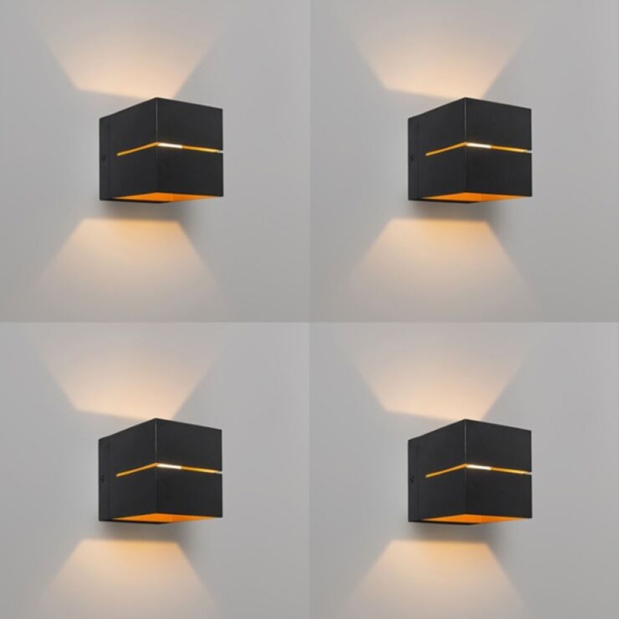 Smart Home QAZQA | Modernes Set Aus 4 Wandlampen In Schwarz Mit Gold, 2-Flammig – Transfer Groove