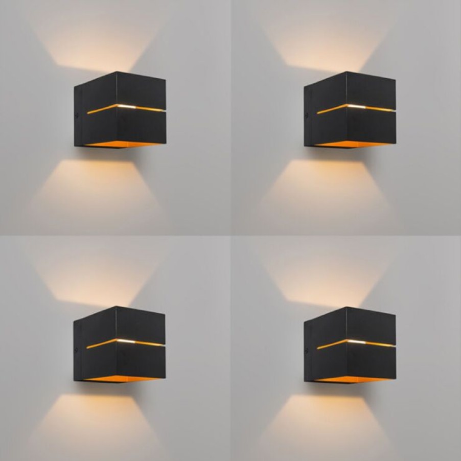 Smart Home QAZQA | Modernes Set Aus 4 Wandlampen In Schwarz Mit Gold, 2-Flammig – Transfer Groove