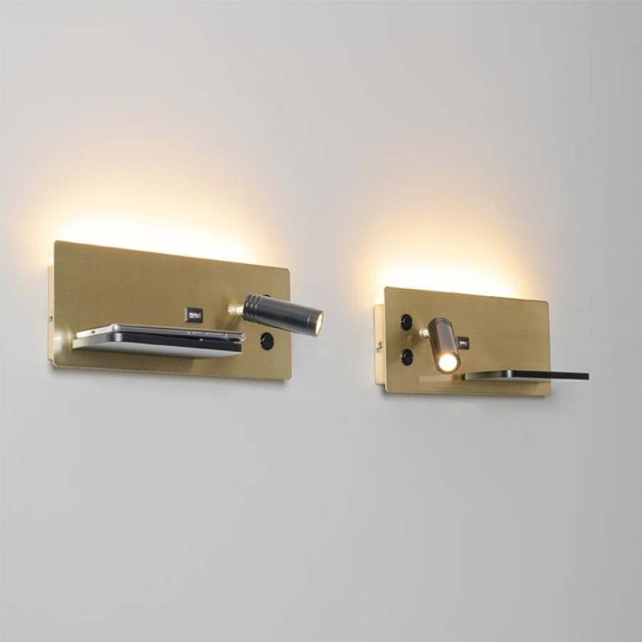 Smart Home QAZQA Professional | 2Er-Set Wandleuchten Schwarz Mit Gold Inkl. Led Mit Usb Und Induktionsladegerat - Riza