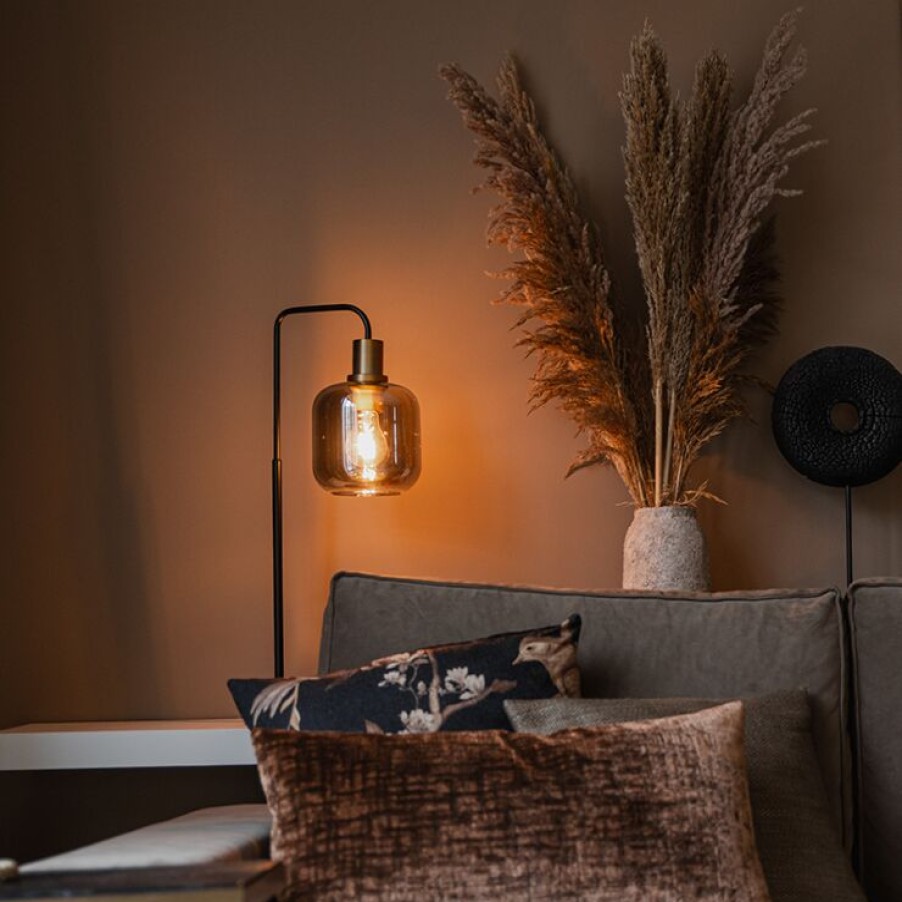 Smart Home QAZQA | Design-Tischlampe Schwarz Mit Gold Und Rauchglas - Zuzanna