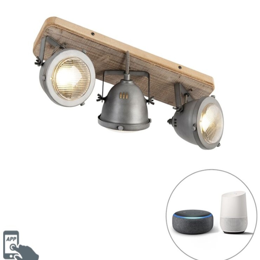 Smart Home QAZQA | Smart Spot Stahl Mit Holz Neigbar Inkl. 3 Wifi Gu10 - Emado