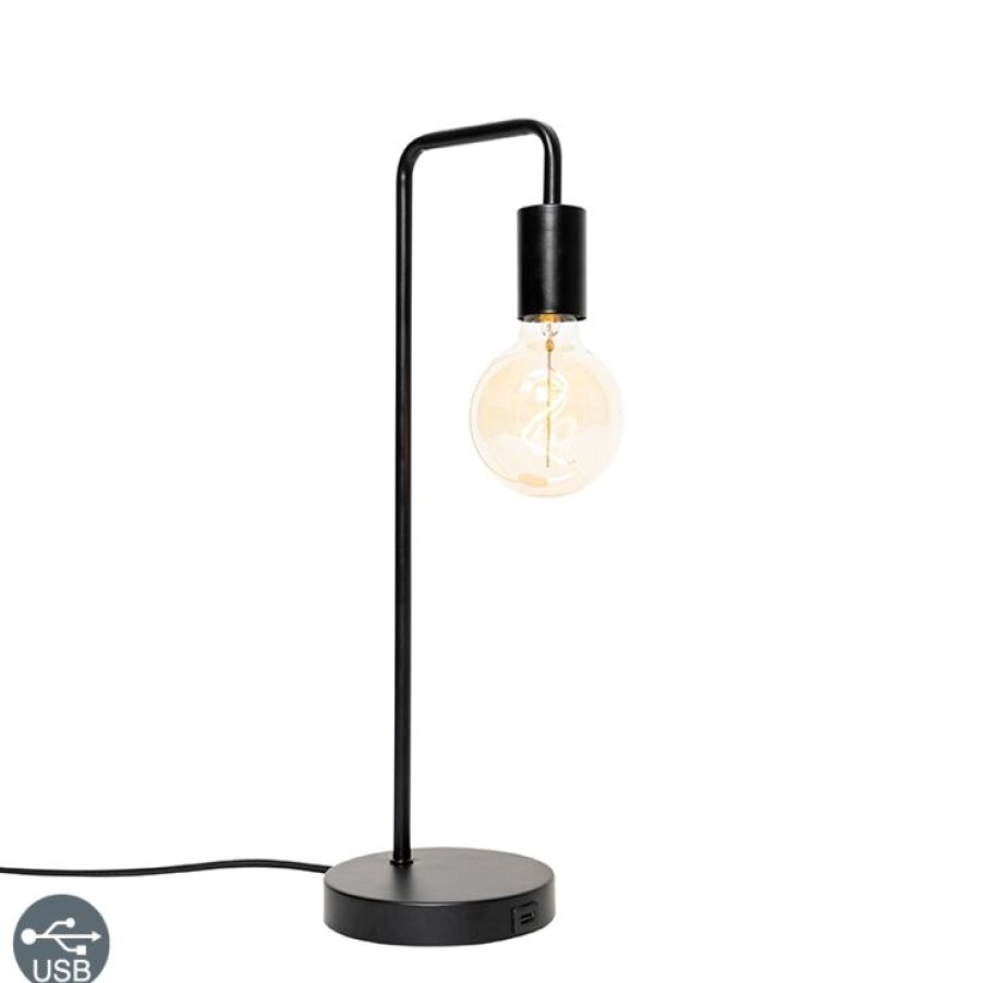 Smart Home QAZQA | Moderne Schwarze Tischlampe Mit Usb - Facil