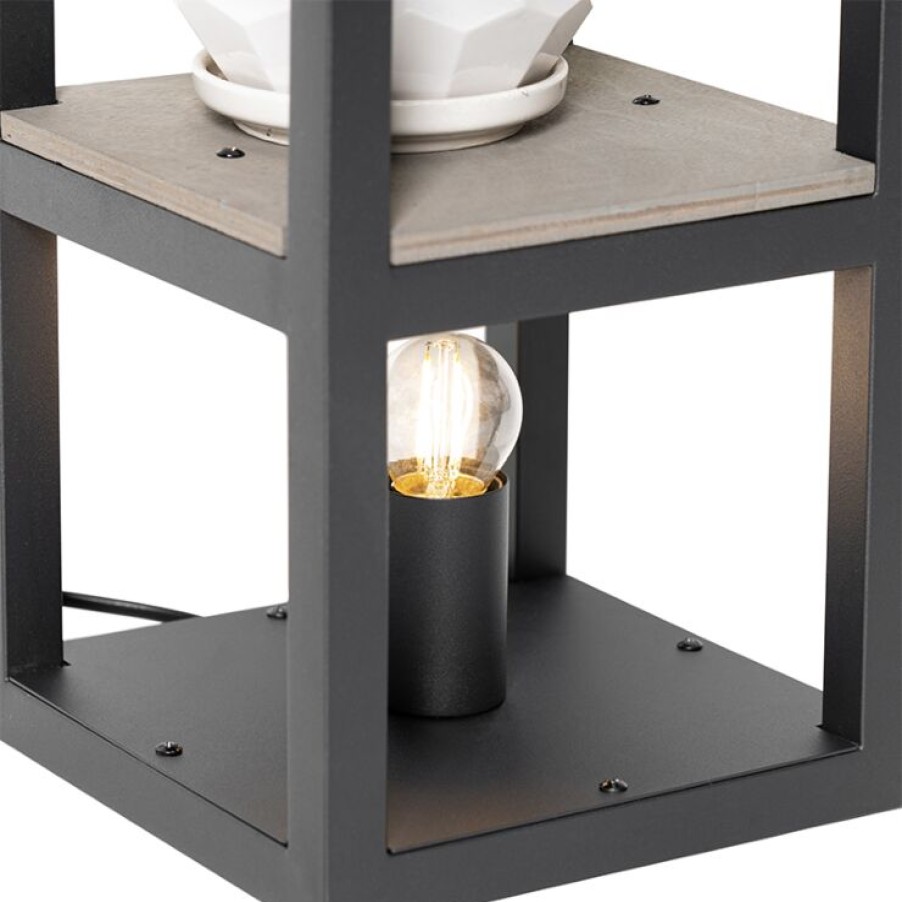 Innenbeleuchtung QAZQA | Industrielle Tischlampe Schwarz Mit Holz - Cage Rack