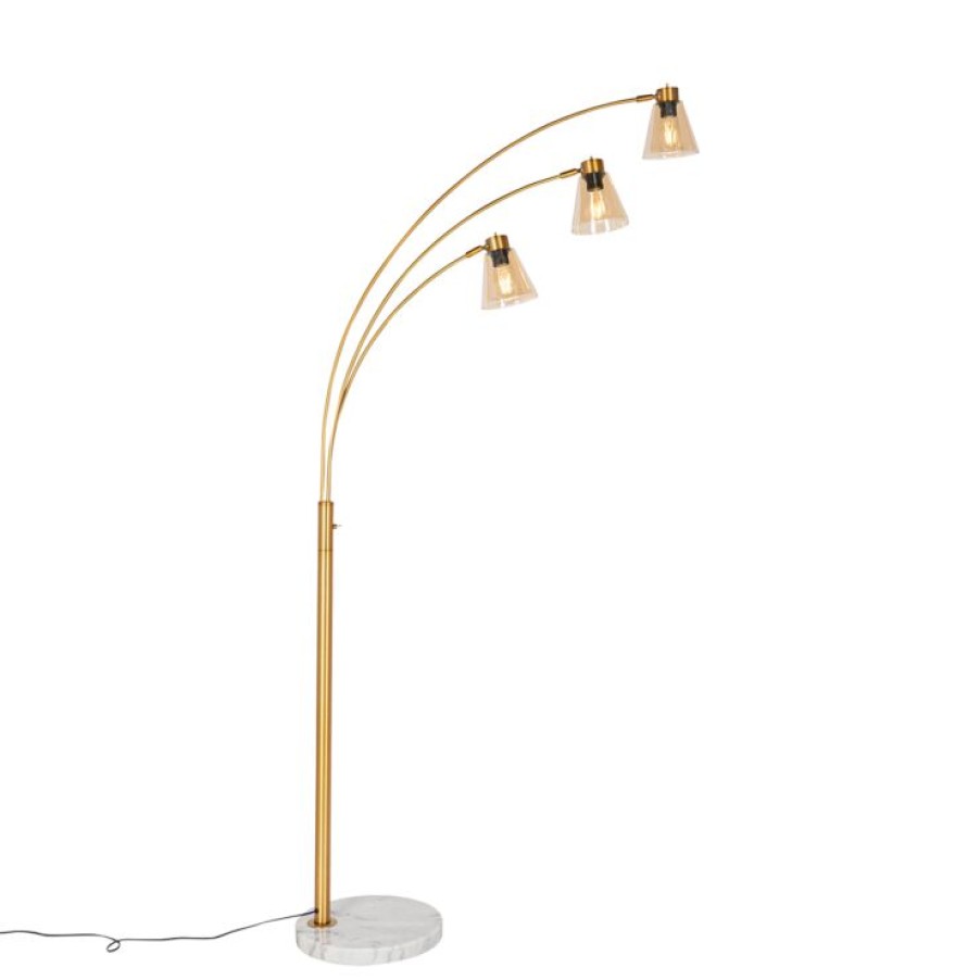 Innenbeleuchtung QAZQA | Bogenlampe Bronze Mit Marmor Und Braunglas 3 Lichter - Nina