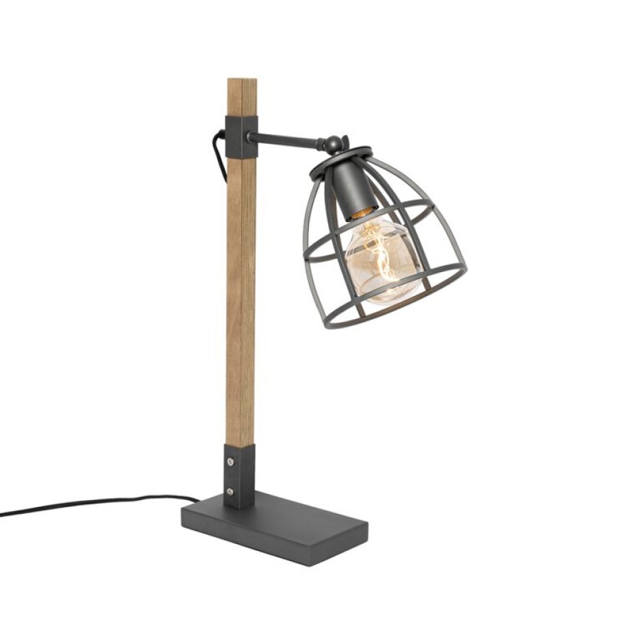 Innenbeleuchtung QAZQA | Industrielle Tischlampe Dunkelgrau Mit Holz - Arthur