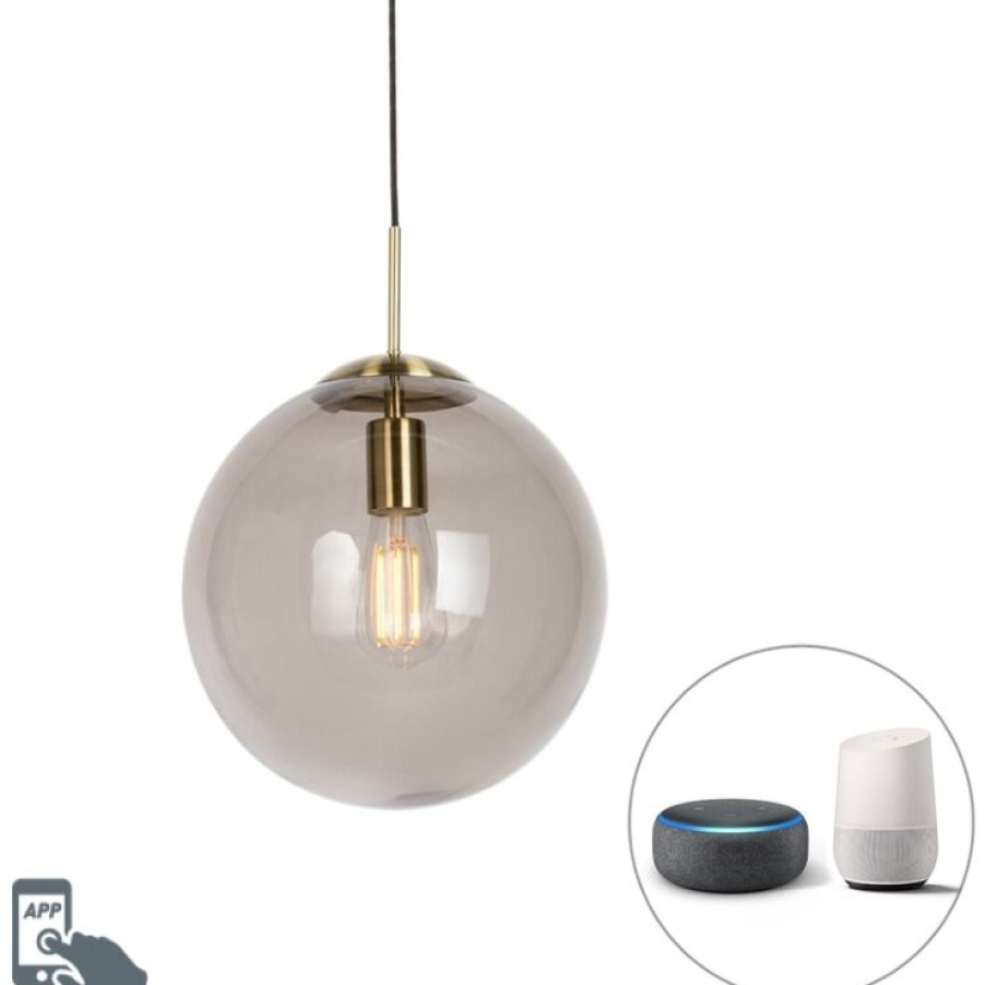 Smart Home QAZQA | Smarte Hangelampe Messing Mit Rauchglas 30 Cm Inkl. Wifi St64 - Kugel