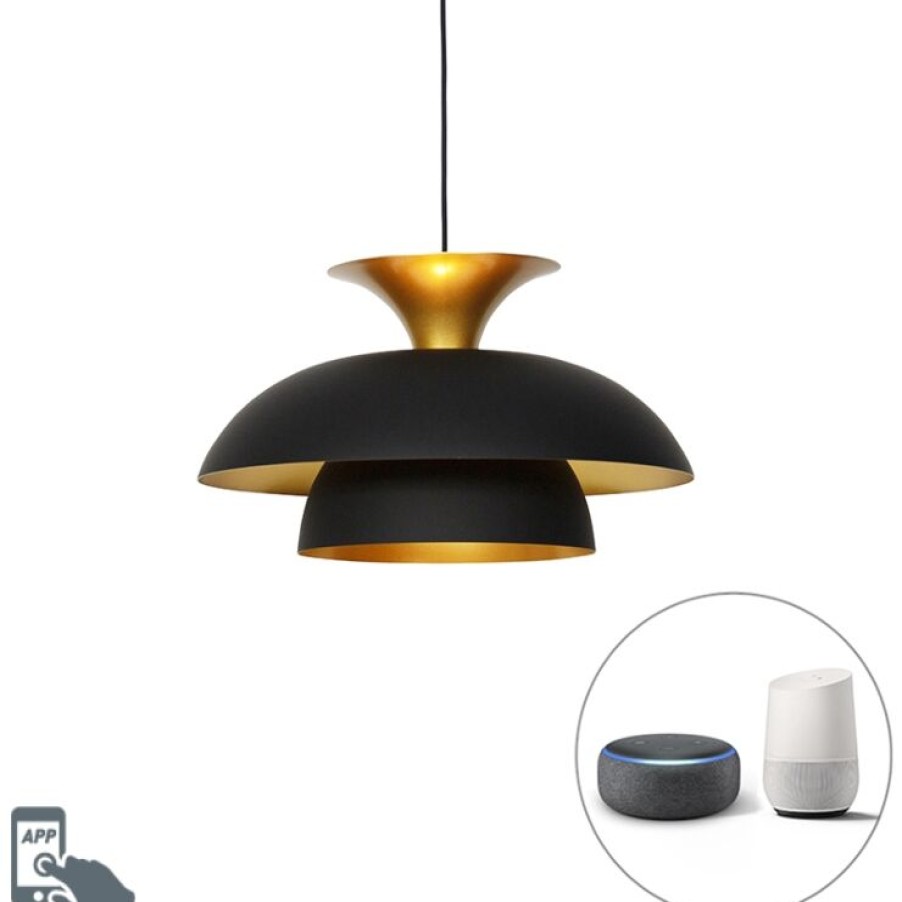 Smart Home QAZQA | Smarte Hangelampe Schwarz Mit Gold Inkl. Wifi G95 - Titus