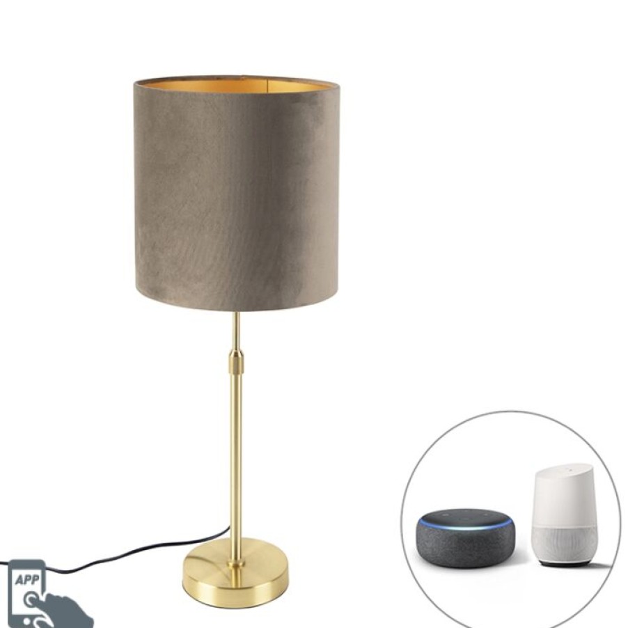 Innenbeleuchtung QAZQA | Smarte Tischleuchte Gold Mit Veloursschirm Taupe 25 Cm Inkl. Wlan A60 - Parte