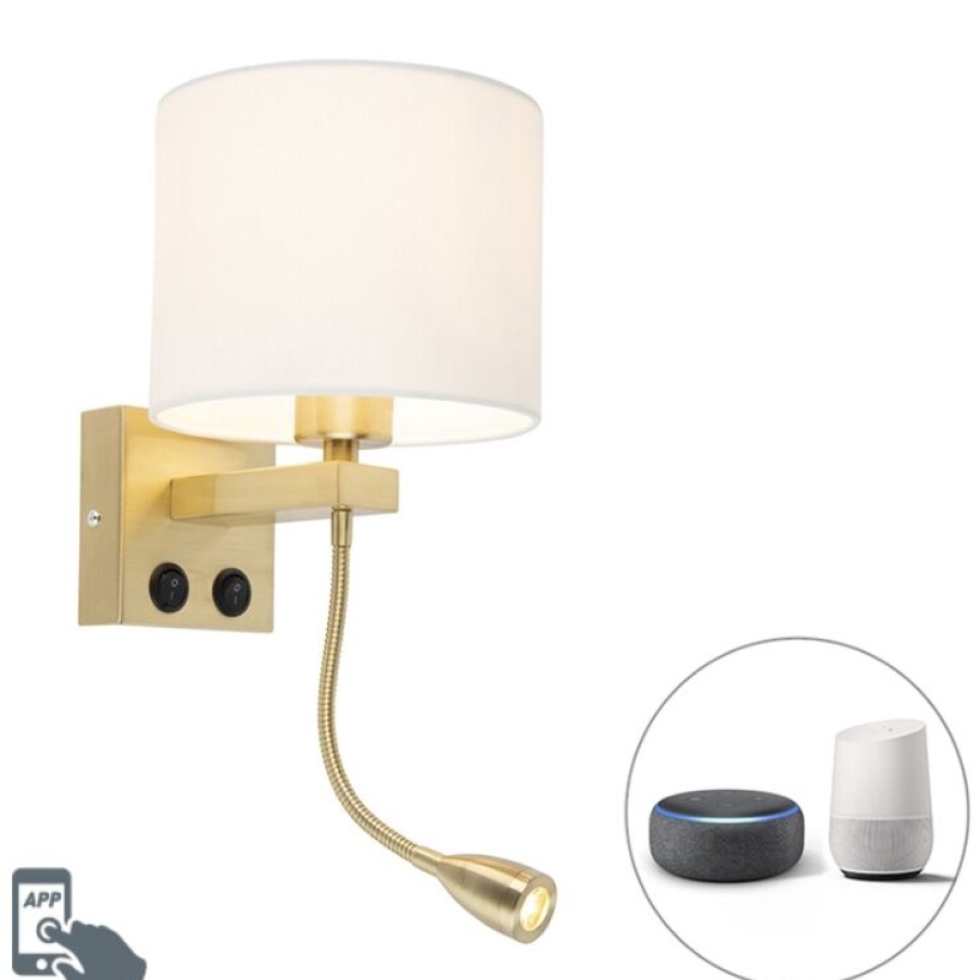 Smart Home QAZQA | Smarte Wandleuchte Gold Mit Weisem Schirm Inkl. Wlan A60 - Brescia