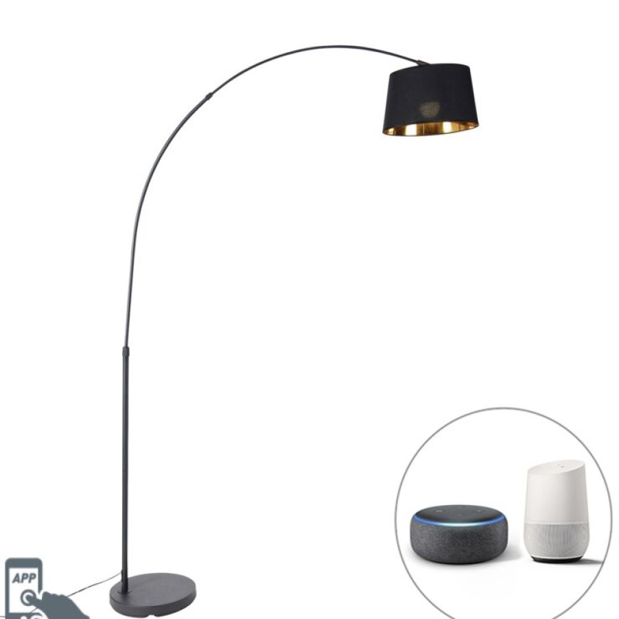 Smart Home QAZQA | Smarte Bogenlampe Schwarz Mit Gold Inkl. Wifi A60 - Arc Basic