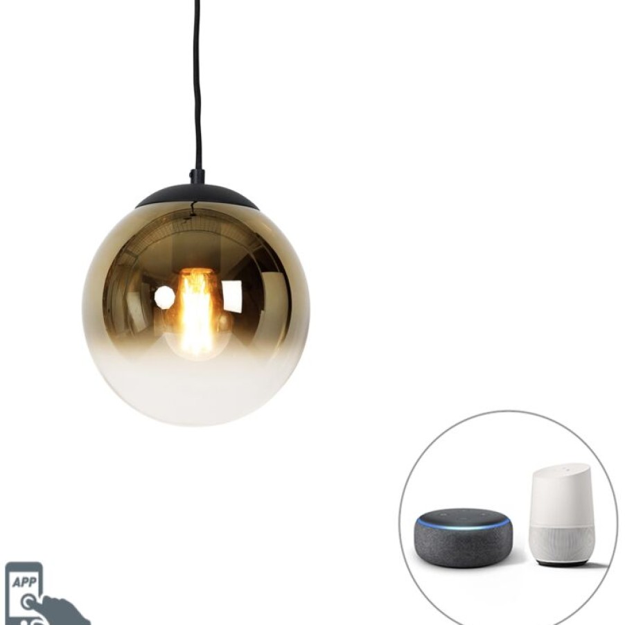 Smart Home QAZQA | Smarte Hangelampe Schwarz Mit Goldglas 20 Cm Inkl. Wifi A60 - Pallon