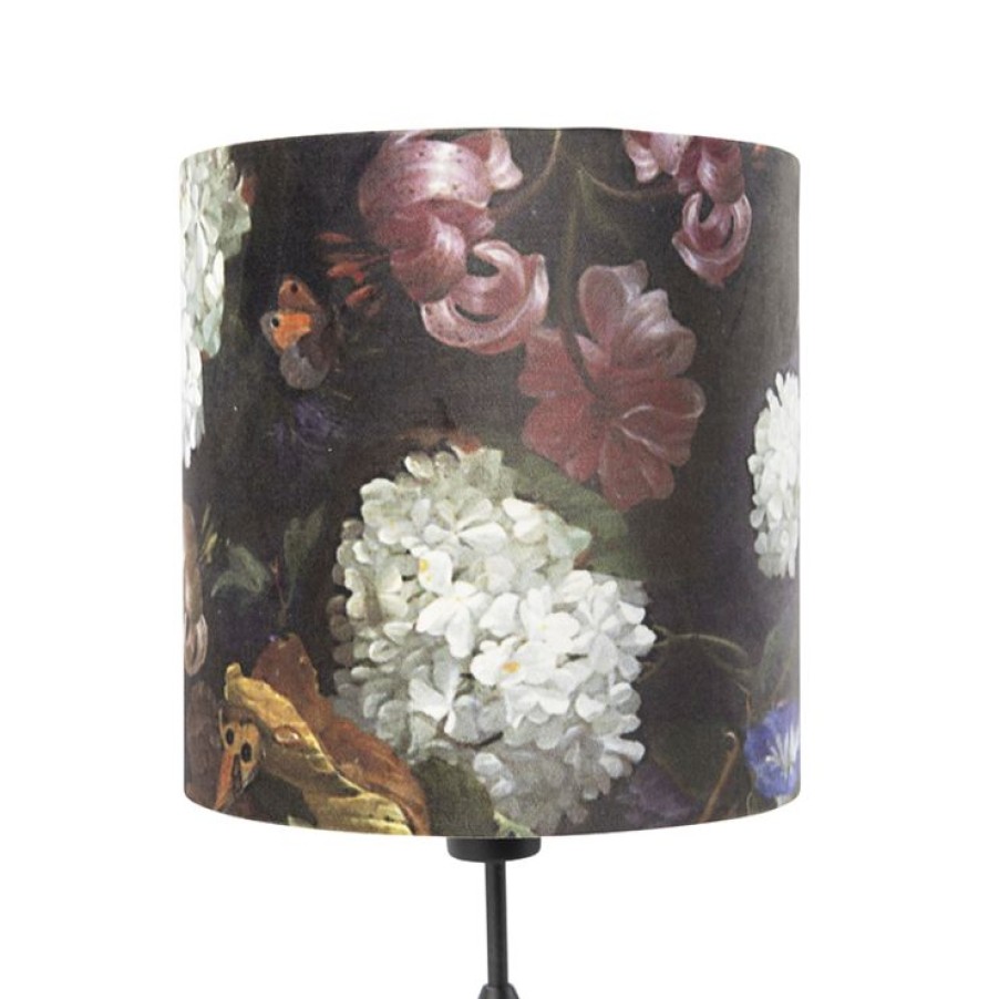 Innenbeleuchtung QAZQA | Tischlampe Schwarz Mit Veloursschirm Blumen Mit Gold 25 Cm - Parte