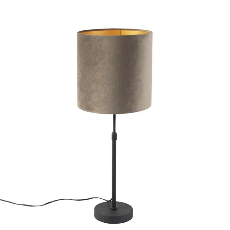 Innenbeleuchtung QAZQA | Tischlampe Schwarz Mit Samtschirm Taupe Mit Gold 25 Cm - Parte