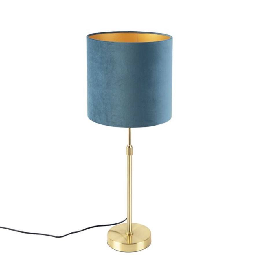 Innenbeleuchtung QAZQA | Tischlampe Gold / Messing Mit Veloursschirm Blau 25 Cm - Parte