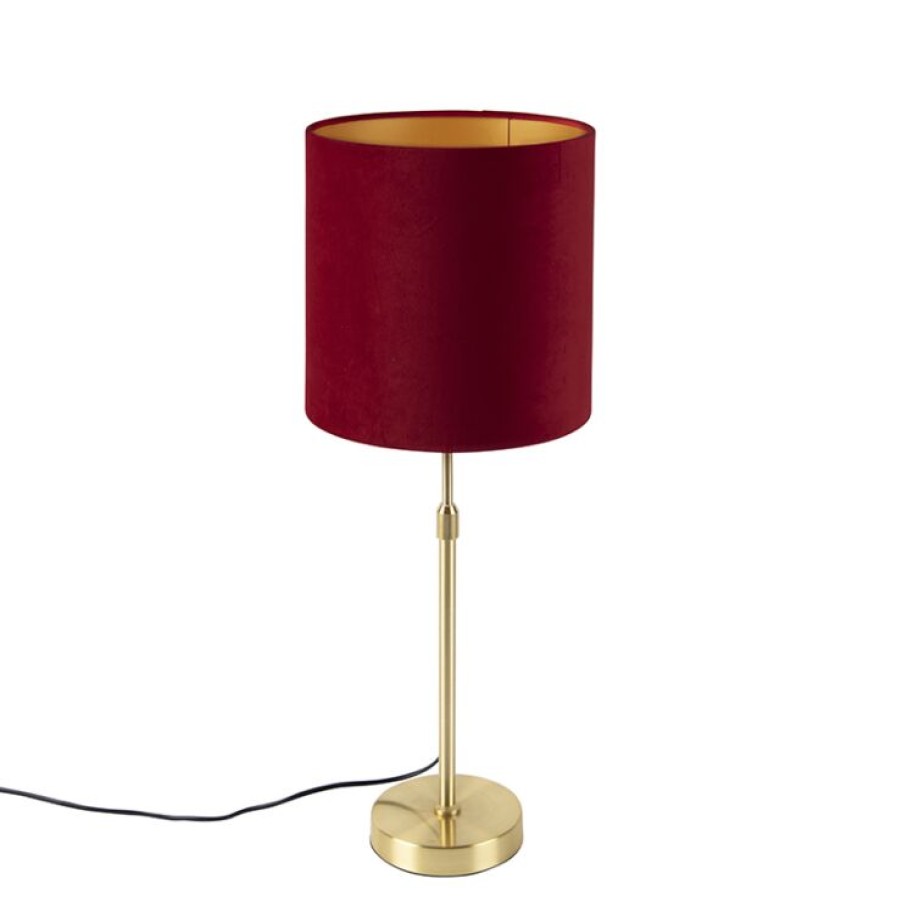 Innenbeleuchtung QAZQA | Tischlampe Gold / Messing Mit Veloursschirm Rot 25 Cm - Parte