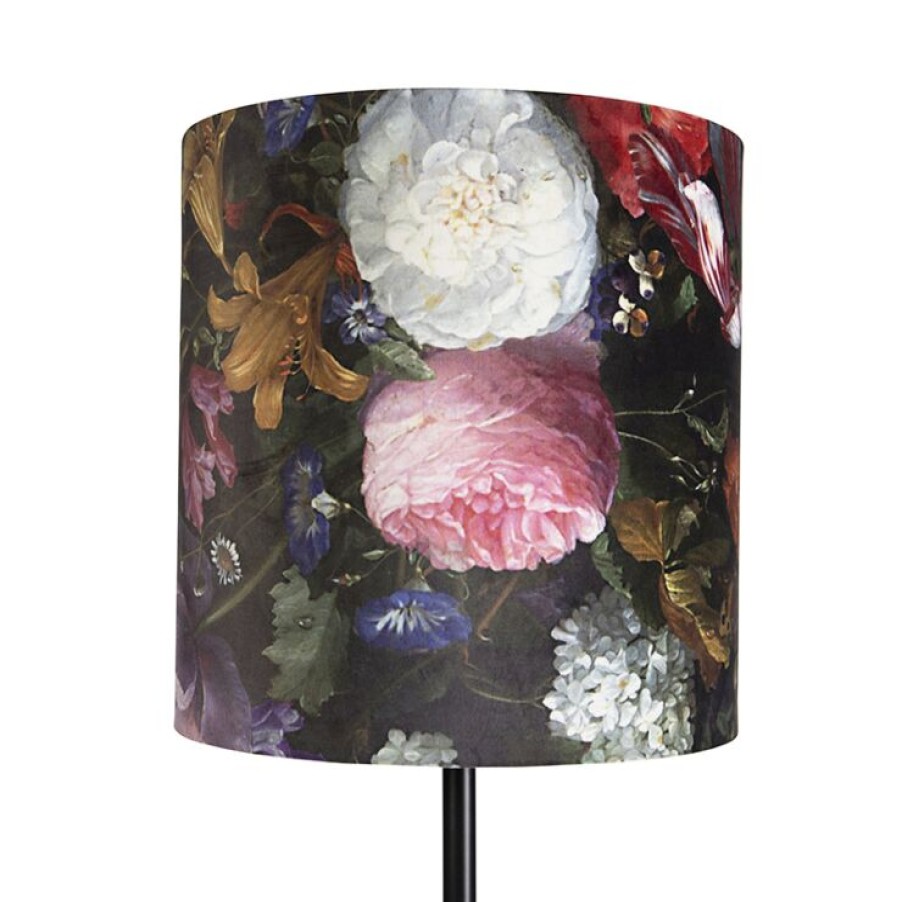 Innenbeleuchtung QAZQA | Stehlampe Schwarz Mit Veloursschirm Blumenmuster 40 Cm - Simplo