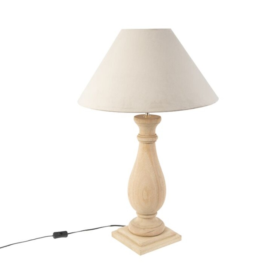 Innenbeleuchtung QAZQA | Rural Tischlampe Holz Mit Taupe Schatten Velours - Klette