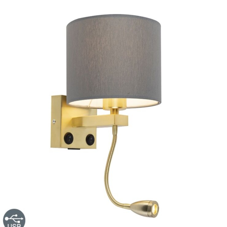 Innenbeleuchtung QAZQA | Art Deco Wandlampe Gold Mit Usb Und Grauem Schirm - Brescia